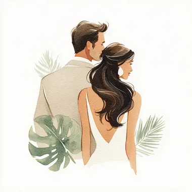 wedding from back watercolor style white plant background, couple, man is tall and bold, woman has long wavy dark hair and her husband is dark hair --raw rofile bzadhbf