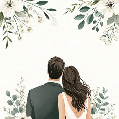 wedding from back watercolor style white plant background, couple, man is tall and bold, woman has long wavy dark hair and her husband is dark hair --raw rofile bzadhbf