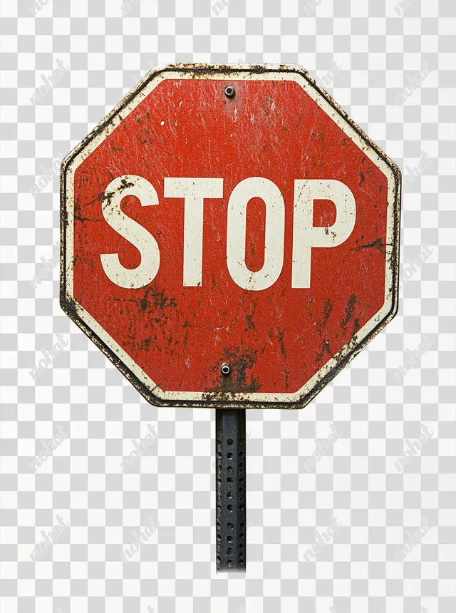 PNG Stop Sign on Metal Pole, Front View, Isolated on White, High Res