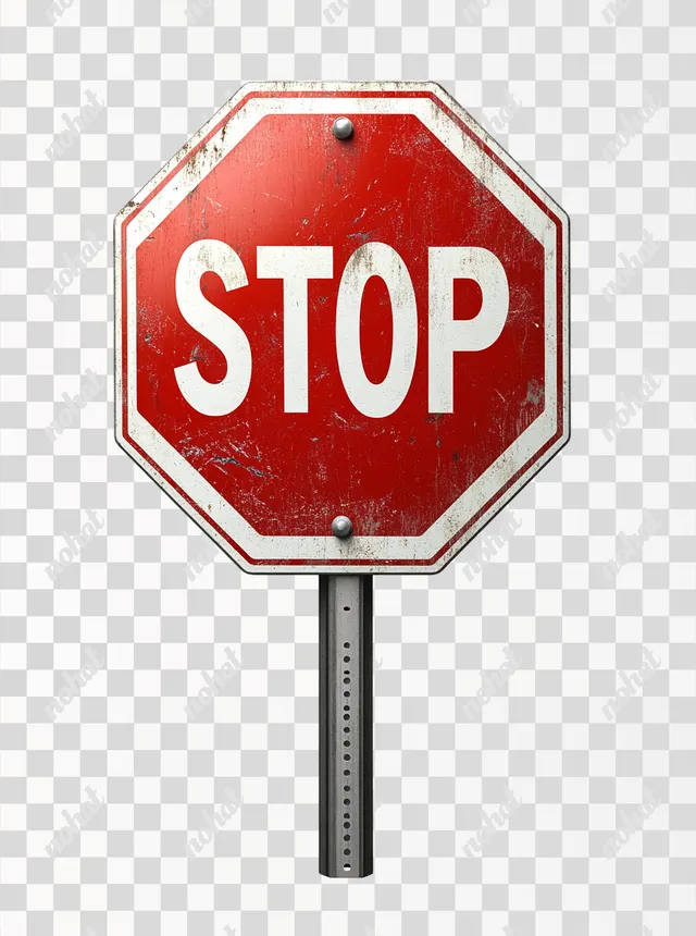 PNG Stop Sign on Metal Pole, Front View, Isolated, Urban Traffic Control