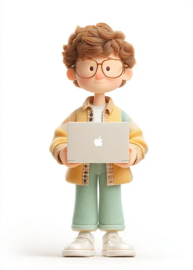 A cute boy is holding an open laptop in his hand, wearing glasses and the same as Apple's tech figures, in an intricate pastel illustration style character design, with a simple white background, in a cartoon style reminiscent of Disney Pixar 3D animation, with soft lighting and cute character designs.