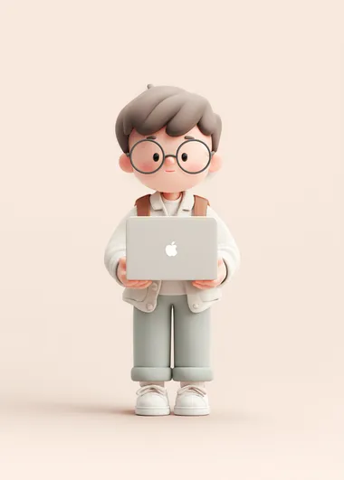 A cute boy is holding an open laptop in his hand, wearing glasses and the same as Apple's tech figures, in an intricate pastel illustration style character design, with a simple white background, in a cartoon style reminiscent of Disney Pixar 3D animation, with soft lighting and cute character designs.