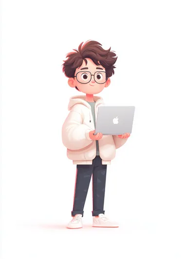 A cute boy is holding an open laptop in his hand, wearing glasses and the same as Apple's tech figures, in an intricate pastel illustration style character design, with a simple white background, in a cartoon style reminiscent of Disney Pixar 3D animation, with soft lighting and cute character designs.