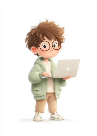 A cute boy is holding an open laptop in his hand, wearing glasses and the same as Apple's tech figures, in an intricate pastel illustration style character design, with a simple white background, in a cartoon style reminiscent of Disney Pixar 3D animation, with soft lighting and cute character designs.