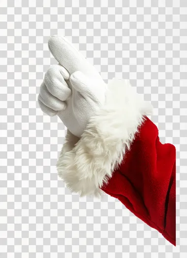 A Santa Claus's hand in white gloves, isolated on the left side of an all-white background. The red Santa Claus suit sleeve is visible, and only one finger from it sticks out. A small fur trim, along with fabric edges, can be seen at the bottom edge of the sleeves. No shadows or textures should appear on the pure white background. Style: in the style of raw. High resolution.