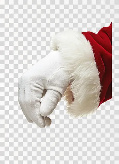 A Santa Claus's hand in white gloves, isolated on the left side of an all-white background. The red Santa Claus suit sleeve is visible, and only one finger from it sticks out. A small fur trim, along with fabric edges, can be seen at the bottom edge of the sleeves. No shadows or textures should appear on the pure white background. Style: in the style of raw. High resolution.