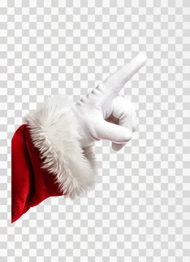 A Santa Claus's hand in white gloves, isolated on the left side of an all-white background. The red Santa Claus suit sleeve is visible, and only one finger from it sticks out. A small fur trim, along with fabric edges, can be seen at the bottom edge of the sleeves. No shadows or textures should appear on the pure white background. Style: in the style of raw. High resolution.