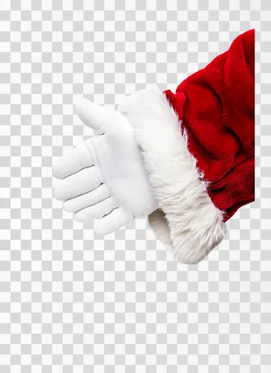 A Santa Claus's hand in white gloves, isolated on the left side of an all-white background. The red Santa Claus suit sleeve is visible, and only one finger from it sticks out. A small fur trim, along with fabric edges, can be seen at the bottom edge of the sleeves. No shadows or textures should appear on the pure white background. Style: in the style of raw. High resolution.