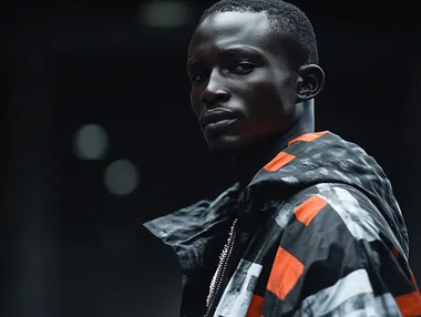 Malaul, a tall, slender, handsome, man from South Sudan in his late 20's. he is dressed in a clean, but not new hip hop influenced outfit, from the mid-2000's. the image is photo realistic, kodak portra 400 and very saturated,and we see a full body shoot of him standing with a white background.