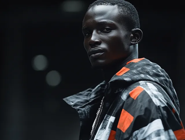 a young man in a black and orange jacket