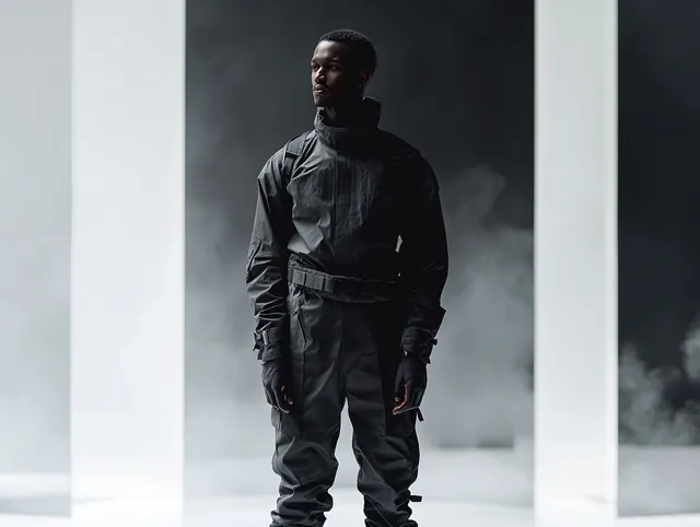 a man in a black outfit standing in a room