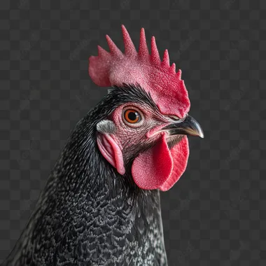 a real photograph of a rooster looking to the front. The photo has a white background