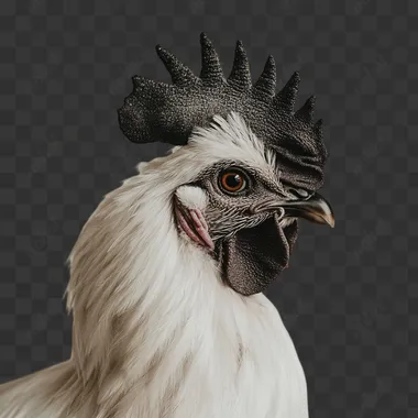 a real photograph of a rooster looking to the front. The photo has a white background