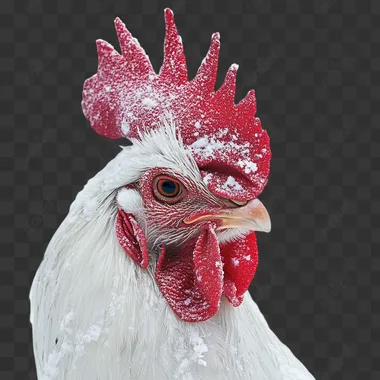 a real photograph of a rooster looking to the front. The photo has a white background