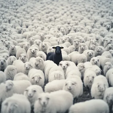 Cinematic Shot. Subject: black sheep in the middle of hundred white sheep, minimalistic . Influences: tarantino , Christopher nolan . Emphasisers: SilverCore, Science Fiction. Camera: Shot on a Hasselblad medium format camera