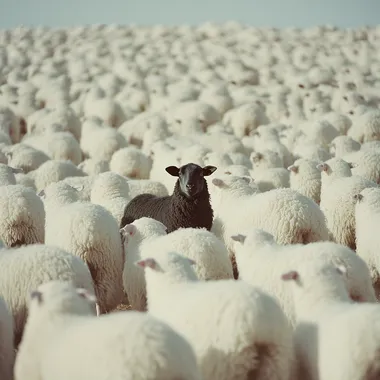 Cinematic Shot. Subject: black sheep in the middle of hundred white sheep, minimalistic . Influences: tarantino , Christopher nolan . Emphasisers: SilverCore, Science Fiction. Camera: Shot on a Hasselblad medium format camera