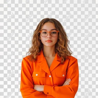 business womanman, graphic designer, young, wearing orange, white background, corporate