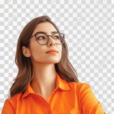 business womanman, graphic designer, young, wearing orange, white background, corporate