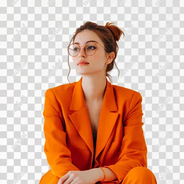 business womanman, graphic designer, young, wearing orange, white background, corporate