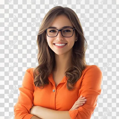 business womanman, graphic designer, young, wearing orange, white background, corporate