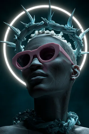 A hyper-realistic portrait of an androgynous person wearing pink sunglasses and a crown made of neon blue clay on their head. The background is a dark black, with a bright light shining down from above, creating a vibrant and futuristic mood., high detailsUHD