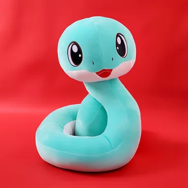 Generate a cartoon snake plush toy with a cute Bubble Mart style, simple lines, and high-end materials on a red background   --s 50