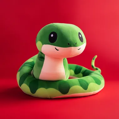 Generate a cartoon snake plush toy with a cute Bubble Mart style, simple lines, and high-end materials on a red background   --s 50