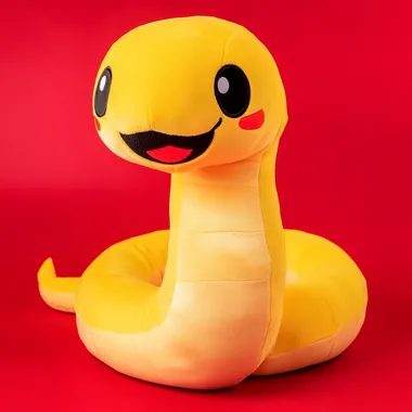 Generate a cartoon snake plush toy with a cute Bubble Mart style, simple lines, and high-end materials on a red background   --s 50