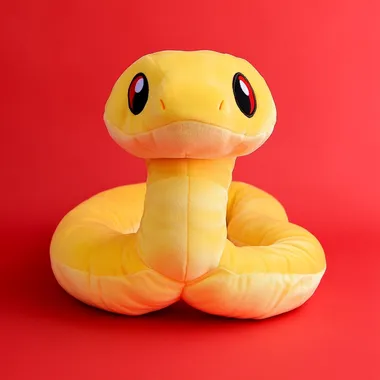 Generate a cartoon snake plush toy with a cute Bubble Mart style, simple lines, and high-end materials on a red background   --s 50