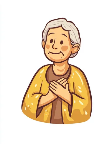 A simple cartoon of an elderly woman wearing a yellow garment, holding her chest with both hands, in a clip art style.