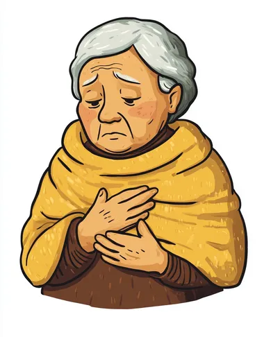 A simple cartoon of an elderly woman wearing a yellow garment, holding her chest with both hands, in a clip art style.