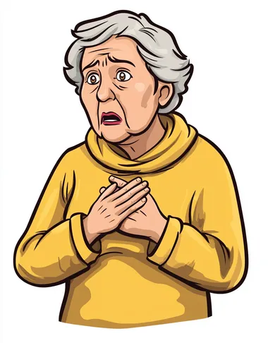 A simple cartoon of an elderly woman wearing a yellow garment, holding her chest with both hands, in a clip art style.