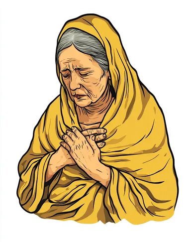 A simple cartoon of an elderly woman wearing a yellow garment, holding her chest with both hands, in a clip art style.