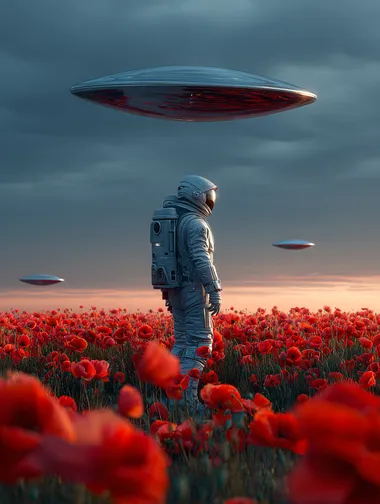 real photo of alone astronaut in a detailed silver-blue space suit stands in a vast field of vivid red poppies. Above him, one sleek, metallic drop shaped alien spacecraft hover silently in the moody, dusk-lit sky. The atmosphere is surreal and contemplative, with cinematic lighting that contrasts the cold tones of space technology with the warm, dreamlike hues of the natural landscape. The scene captures a moment of solitude, wonder, and first contact. Shot Sony Alpha A7 IV, highly detailed, photorealistic, 8K resolution