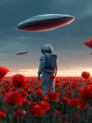 real photo of alone astronaut in a detailed silver-blue space suit stands in a vast field of vivid red poppies. Above him, one sleek, metallic drop shaped alien spacecraft hover silently in the moody, dusk-lit sky. The atmosphere is surreal and contemplative, with cinematic lighting that contrasts the cold tones of space technology with the warm, dreamlike hues of the natural landscape. The scene captures a moment of solitude, wonder, and first contact. Shot Sony Alpha A7 IV, highly detailed, photorealistic, 8K resolution
