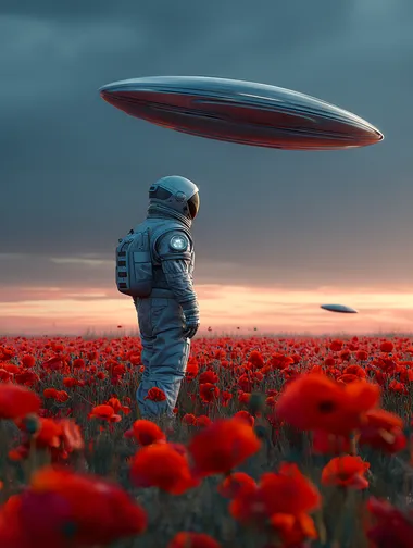 real photo of alone astronaut in a detailed silver-blue space suit stands in a vast field of vivid red poppies. Above him, one sleek, metallic drop shaped alien spacecraft hover silently in the moody, dusk-lit sky. The atmosphere is surreal and contemplative, with cinematic lighting that contrasts the cold tones of space technology with the warm, dreamlike hues of the natural landscape. The scene captures a moment of solitude, wonder, and first contact. Shot Sony Alpha A7 IV, highly detailed, photorealistic, 8K resolution
