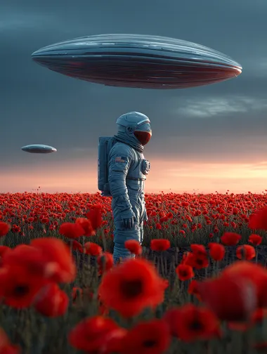 real photo of alone astronaut in a detailed silver-blue space suit stands in a vast field of vivid red poppies. Above him, one sleek, metallic drop shaped alien spacecraft hover silently in the moody, dusk-lit sky. The atmosphere is surreal and contemplative, with cinematic lighting that contrasts the cold tones of space technology with the warm, dreamlike hues of the natural landscape. The scene captures a moment of solitude, wonder, and first contact. Shot Sony Alpha A7 IV, highly detailed, photorealistic, 8K resolution