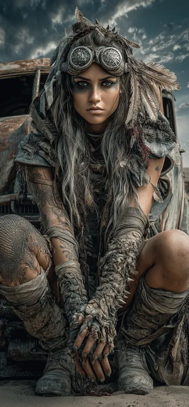 Post-apocalyptic warrior woman with long curly hair crouching in a desert wasteland, wearing torn leather armor, spiked gauntlets, and a gas mask with intricate goggles pushed up on her head , surrounded by scavenged metal and feathers, tribal punk aesthetic, sharp claws extending from hands, tattered fishnet sleeves, standing in front of a rusted, heavily modified war vehicle, chaotic swirling sky, dusty clouds, dystopian wasteland, cinematic lighting, high detail, gritty and rugged atmosphere, inspired by Mad Max, survivalist aesthetic, fierce and powerful.     8ci6sgv