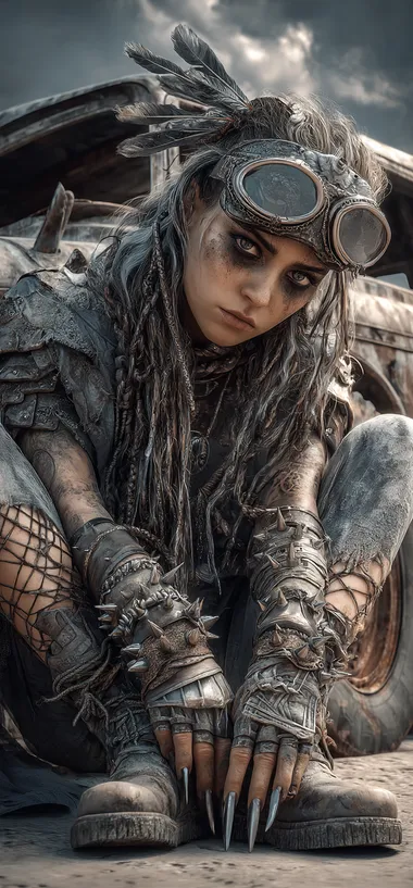 Post-apocalyptic warrior woman with long curly hair crouching in a desert wasteland, wearing torn leather armor, spiked gauntlets, and a gas mask with intricate goggles pushed up on her head , surrounded by scavenged metal and feathers, tribal punk aesthetic, sharp claws extending from hands, tattered fishnet sleeves, standing in front of a rusted, heavily modified war vehicle, chaotic swirling sky, dusty clouds, dystopian wasteland, cinematic lighting, high detail, gritty and rugged atmosphere, inspired by Mad Max, survivalist aesthetic, fierce and powerful.     8ci6sgv