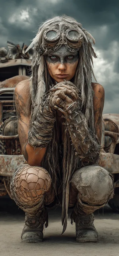 Post-apocalyptic warrior woman with long curly hair crouching in a desert wasteland, wearing torn leather armor, spiked gauntlets, and a gas mask with intricate goggles pushed up on her head , surrounded by scavenged metal and feathers, tribal punk aesthetic, sharp claws extending from hands, tattered fishnet sleeves, standing in front of a rusted, heavily modified war vehicle, chaotic swirling sky, dusty clouds, dystopian wasteland, cinematic lighting, high detail, gritty and rugged atmosphere, inspired by Mad Max, survivalist aesthetic, fierce and powerful.     8ci6sgv
