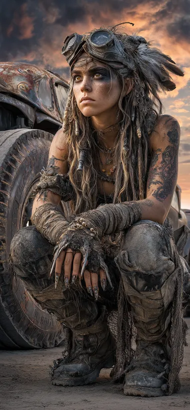 Post-apocalyptic warrior woman with long curly hair crouching in a desert wasteland, wearing torn leather armor, spiked gauntlets, and a gas mask with intricate goggles pushed up on her head , surrounded by scavenged metal and feathers, tribal punk aesthetic, sharp claws extending from hands, tattered fishnet sleeves, standing in front of a rusted, heavily modified war vehicle, chaotic swirling sky, dusty clouds, dystopian wasteland, cinematic lighting, high detail, gritty and rugged atmosphere, inspired by Mad Max, survivalist aesthetic, fierce and powerful.     8ci6sgv