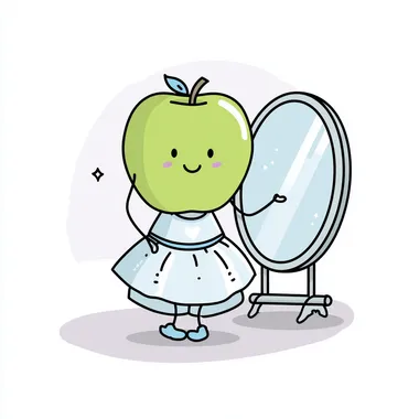 a cute apple as a humanoid figure wearing a dress looking into a mirror happy --s 50