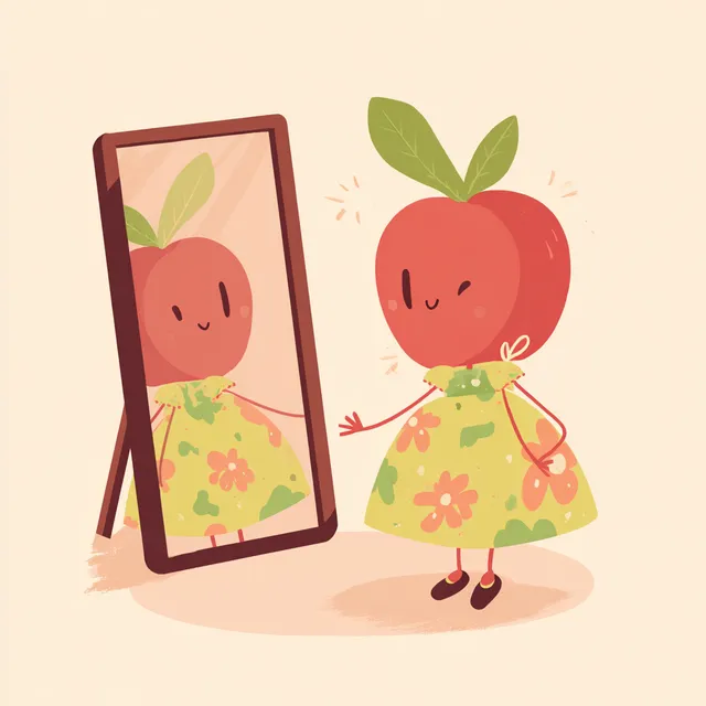 Cute Humanoid Apple Figuring in a Dress Admiring Itself in a Mirror