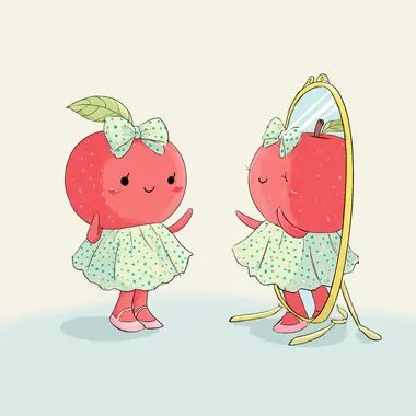 a cute apple as a humanoid figure wearing a dress looking into a mirror happy --s 50