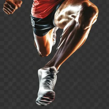 A highly realistic image of the upper body of a white sprinter sprinting straight towards the viewer. The sprinter does not have big muscles. One leg is overexaggerated extended towards the viewer dynamically so the viewer can see the sole of his shoe, while the other leg is bent. The perspective is from below eye level, capturing the runner's full upper body in a dynamic and intense pose. The runner is wearing a bright red jersey and black shorts. The background is slightly blurred to emphasize the runners motion and athleticism, focusing on the dynamic posture and energy of the runner's upper body.