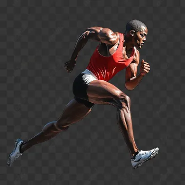 A highly realistic image of the upper body of a white sprinter sprinting straight towards the viewer. The sprinter does not have big muscles. One leg is overexaggerated extended towards the viewer dynamically so the viewer can see the sole of his shoe, while the other leg is bent. The perspective is from below eye level, capturing the runner's full upper body in a dynamic and intense pose. The runner is wearing a bright red jersey and black shorts. The background is slightly blurred to emphasize the runners motion and athleticism, focusing on the dynamic posture and energy of the runner's upper body.