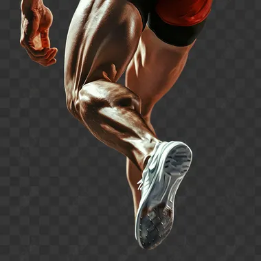 A highly realistic image of the upper body of a white sprinter sprinting straight towards the viewer. The sprinter does not have big muscles. One leg is overexaggerated extended towards the viewer dynamically so the viewer can see the sole of his shoe, while the other leg is bent. The perspective is from below eye level, capturing the runner's full upper body in a dynamic and intense pose. The runner is wearing a bright red jersey and black shorts. The background is slightly blurred to emphasize the runners motion and athleticism, focusing on the dynamic posture and energy of the runner's upper body.