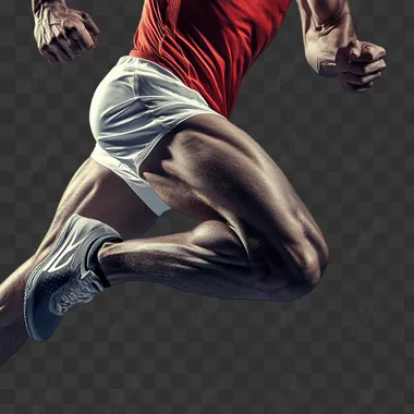 A highly realistic image of the upper body of a white sprinter sprinting straight towards the viewer. The sprinter does not have big muscles. One leg is overexaggerated extended towards the viewer dynamically so the viewer can see the sole of his shoe, while the other leg is bent. The perspective is from below eye level, capturing the runner's full upper body in a dynamic and intense pose. The runner is wearing a bright red jersey and black shorts. The background is slightly blurred to emphasize the runners motion and athleticism, focusing on the dynamic posture and energy of the runner's upper body.