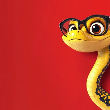 Cartoon elements, large background, white space in the middle, cute Disney style snake with glasses peeking out from the corner to look at the camera, with a red background,