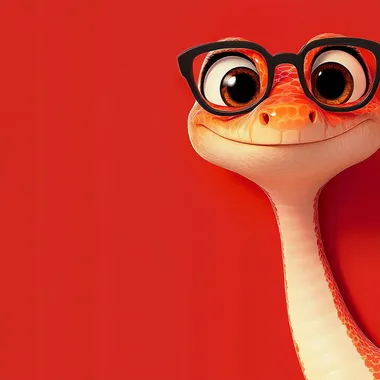 Cartoon elements, large background, white space in the middle, cute Disney style snake with glasses peeking out from the corner to look at the camera, with a red background,